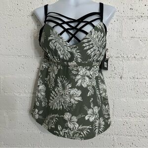 Skye+ Womens Swimsuit Tankini 0X 16W-18W Green Floral Black Strappy NEW AN8
